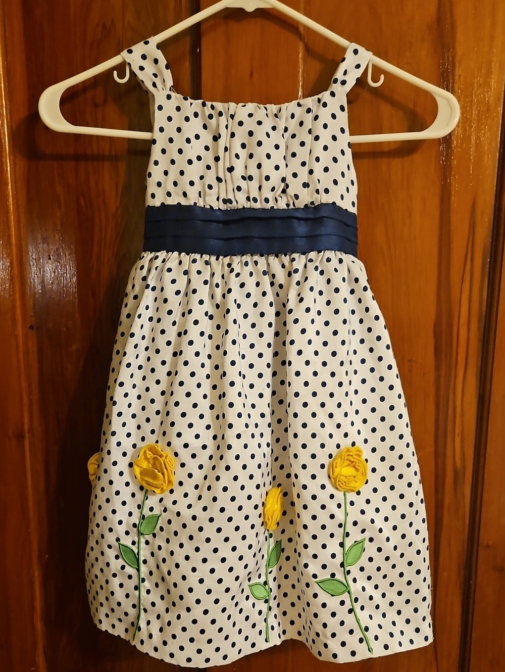 American Princess White Polka Dot Dress with Navy Sash and Yellow Flowers. #285